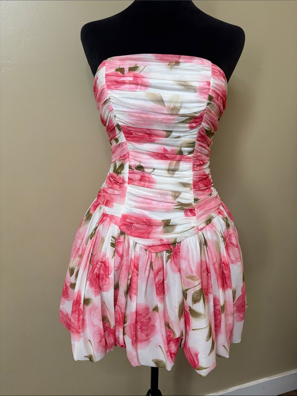 Strapless Pink Floral Ruched Corset Mini Dress